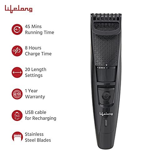 Lifelong Lifelong Trimmer- 45 Minutes Runtime; 20 Length Settings | Cordless, Rechargeable Trimmer with 1 Year Warranty (LLPCM13, Black)