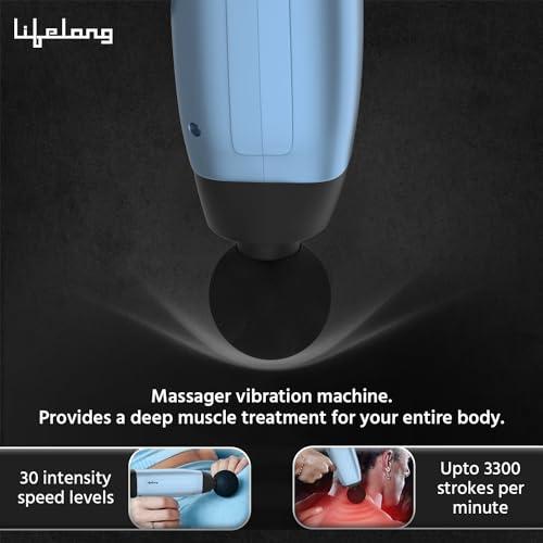 Lifelong Lifelong Gun Massager | Percussion for Full Body Pain Relief | 6 Heads | LED Touch | 30 Speed Levels | Premium Bag (LLGM144, Blue)
