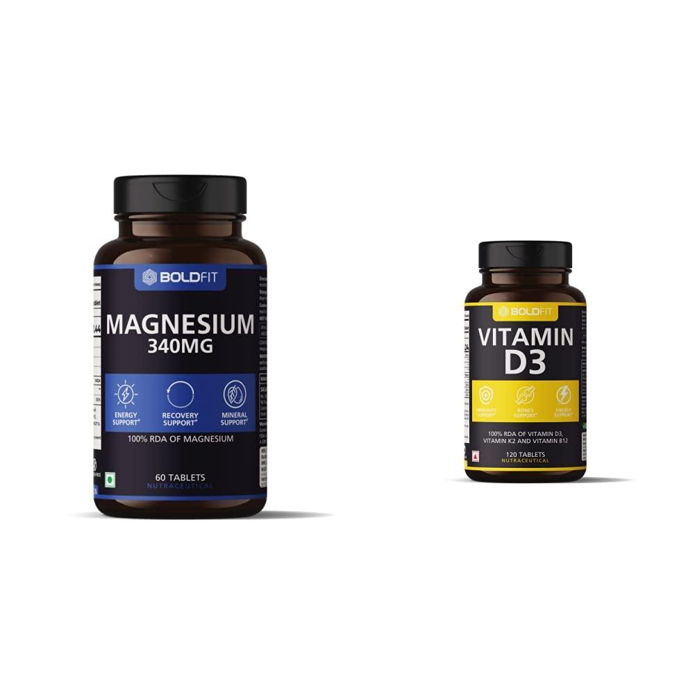Boldfit Boldfit Magnesium 340 Mg Supplement - 60 Vegetarian Tablets & Boldfit Vitamin D3-120 Tablets, White
