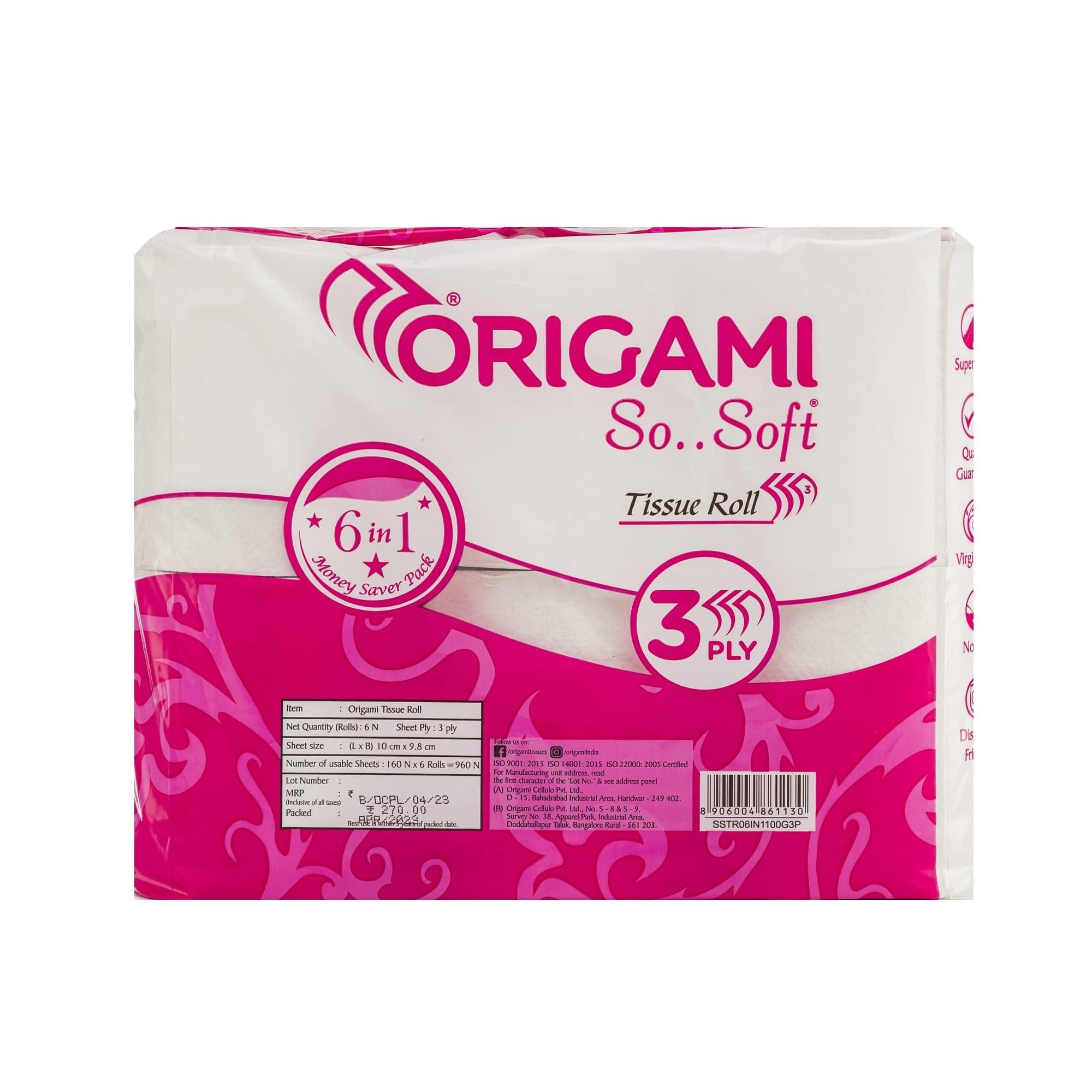 Origami Origami Kitchen Roll pack of 4, 60 Pulls each 2 ply (Total 4 Rolls, 240 Sheets) & Origami 3 Ply Toilet Tissue Paper Roll - Pack of 6 (160 Pulls Per Roll, 960 Sheets)