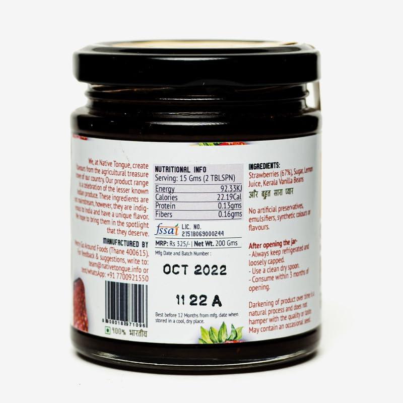 Native Tongue Native Tongue Strawberry preserve with Kerala Vanilla | 100% natural Strawberries Jam | 70% fruit | No preservatives | No artificial colours or flavours | 200 gms