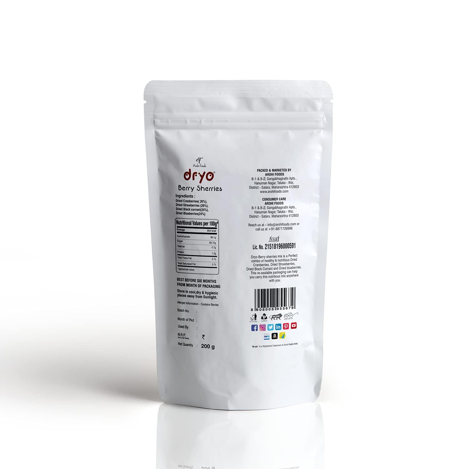 dryo Dryo Healthy Snack Berries Sherries Mix Dried Berries (Cranberries, Blueberries, Strawberries, Black Currants) for Kids and Adult (Pack of 1) - 200 g