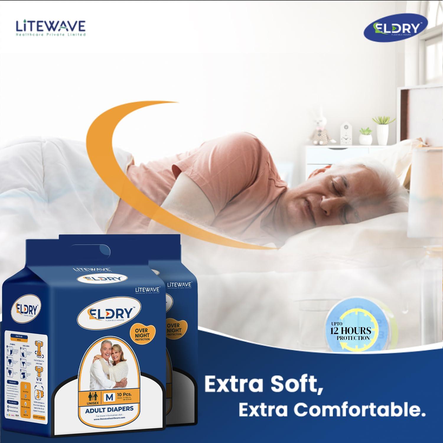 ELDRY Eldry Adult Diaper, Tape Style, Medium (M) Size, 60 Count, Unisex, Waist Size (28-42 Inch | 71-105 cm), Super Absorbent Core, Wetness Indicator, Overnight Protection, Pack of 6