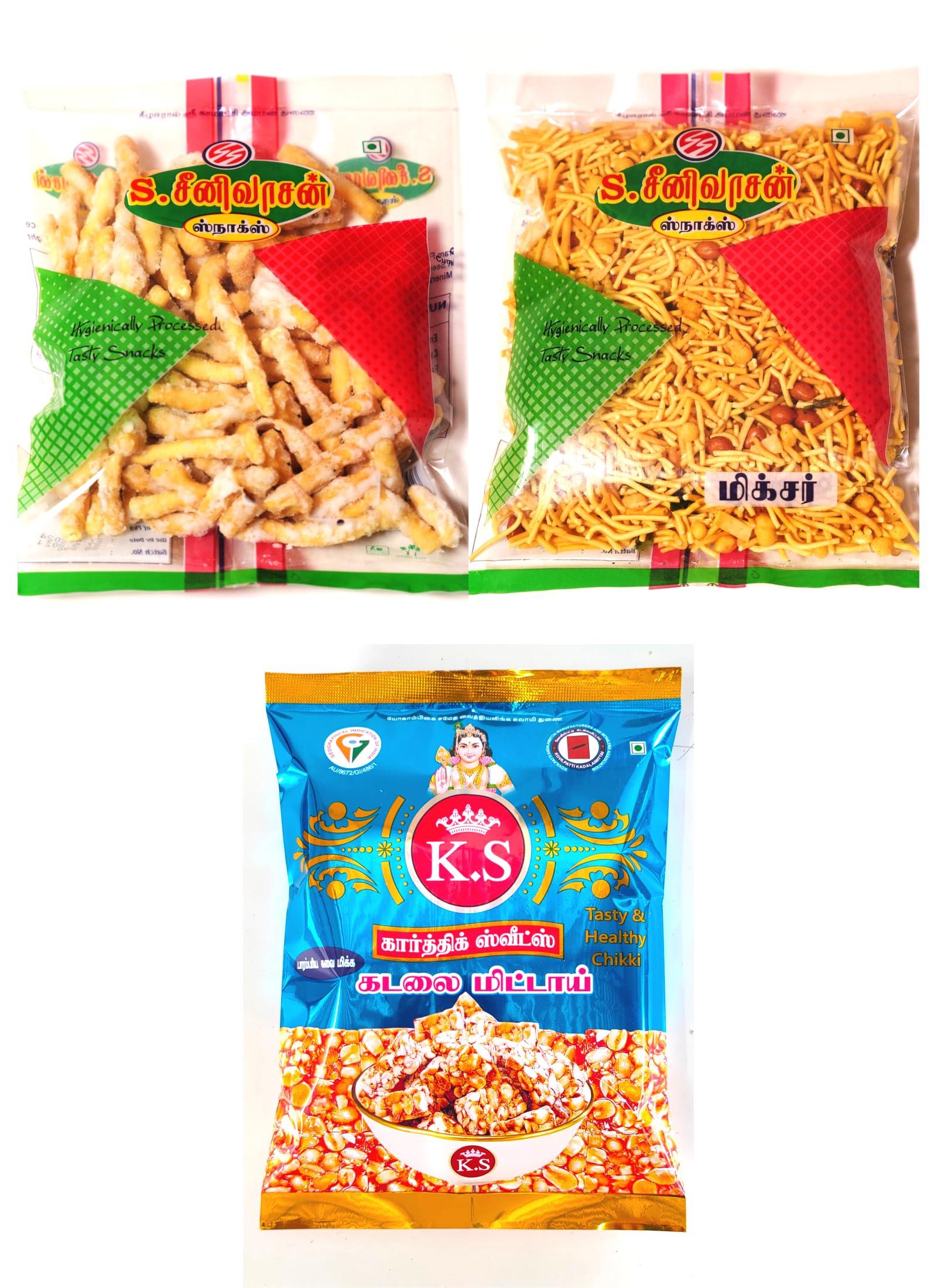 S. SEENIVASAN MITTAI KADAI S SEENIVASAN Special Sweet Sev 250g | Special Big Mixture 250g | Kovilpatti Kadalai Mittai 250g - Pack of 3 (750g)