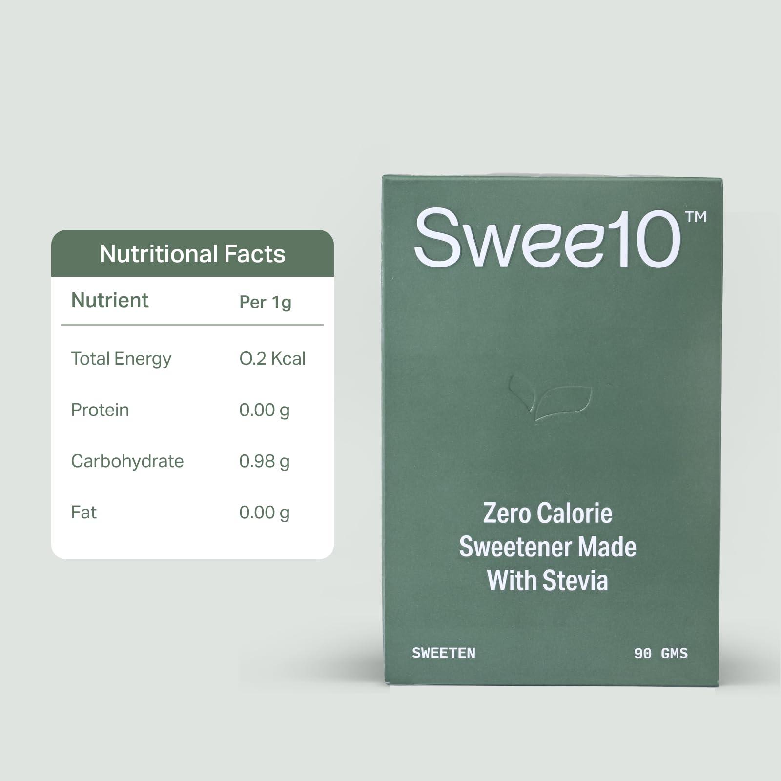 SWEE10 Swee10 Natural Stevia Sweetener - Zero Calorie Sugar Substitute for Low Sugar, Low Carb Diets - Vegan, Non-GMO Powder for Hot & Cold Drinks, Making Coffee & Tea, Cooking & Baking 90g Sachet Box