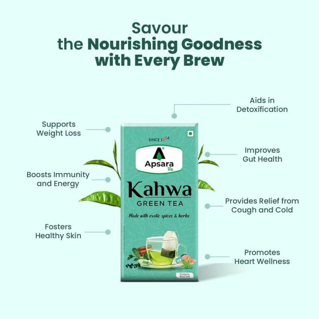 APSARA APSARA Detoxifying Kahwa Green Tea - 100 Tea Bags, Spiced Kashmiri Desi Kahwa Green Tea, Immunity Booster, Blended with Rock Salt, Tulsi, Cardamom, Cinnamon, Black Pepper, Ashwagandha Tea