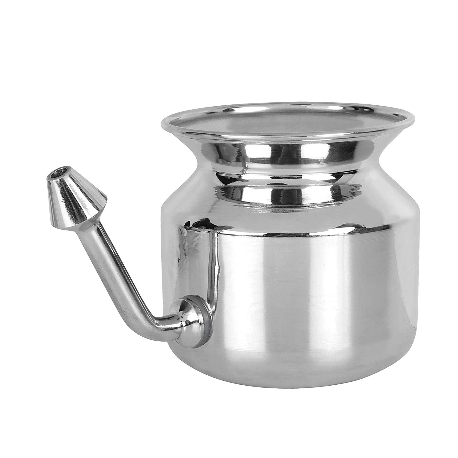 WITSOUL Jal Neti Pot for Sinus Congestion and Nasal Cleansing Nasal Cleansing Non-Corrosive Unbreakable Hygienic Smooth Nose Tip Snugly Fits Any Nostril with Cleaning Brush (stainless steel (silver))