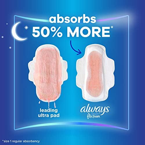 Always Always Infinity FlexFoam Pads for Women Size 5 Extra Heavy Overnight Absorbency, Up to 12 Hours Zero Leaks, Zero Feel Protection, with Wings Unscented, 30 Count