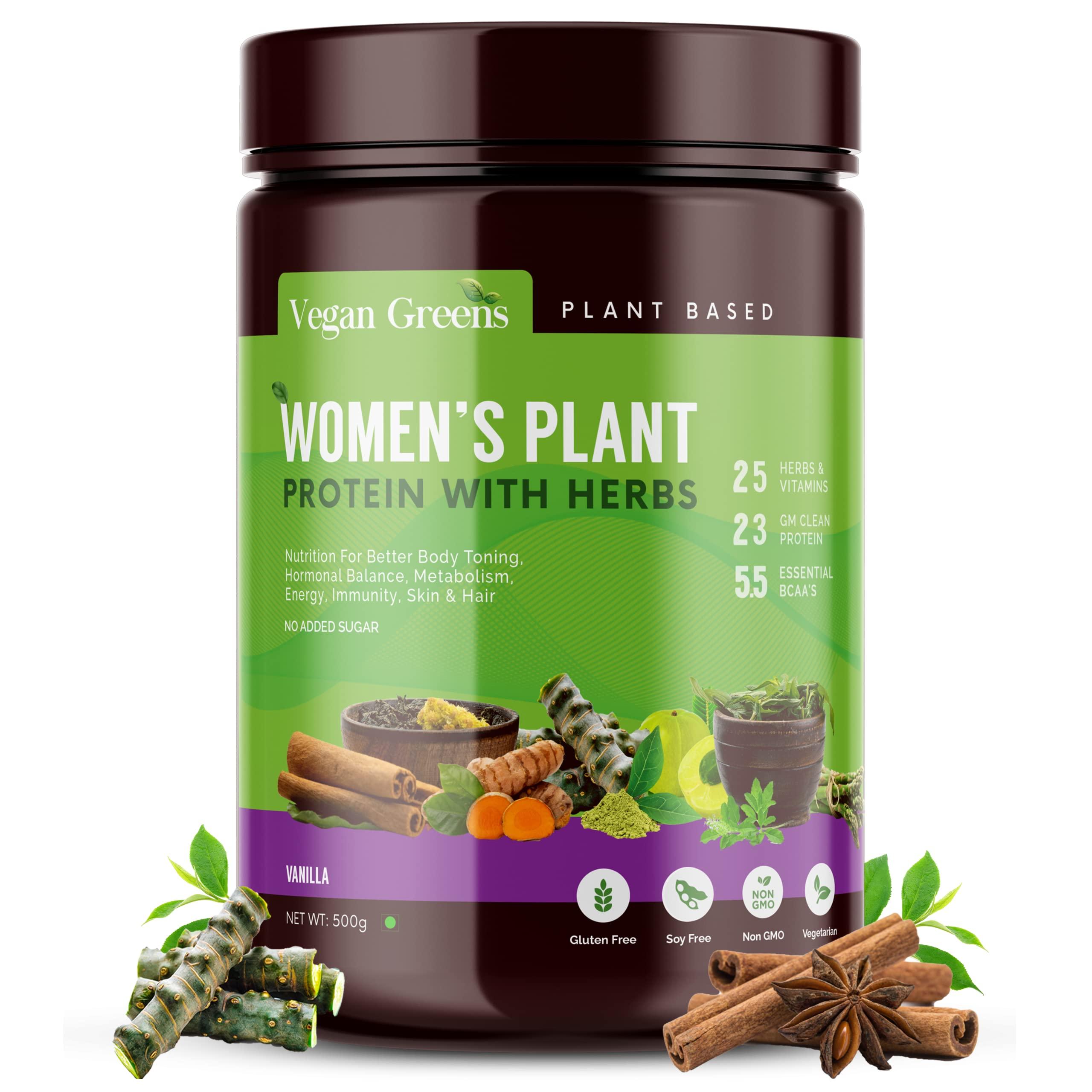 Vegan Greens Vegan Greens Women Plant Protein With Ayurvedic Herbs- Natural Clean Plant Protein, Herbs, Vitamins & Minerals For Hormonal Balance, Metabolism, Skin, Hair, Stress & Energy (500g, Vanilla)