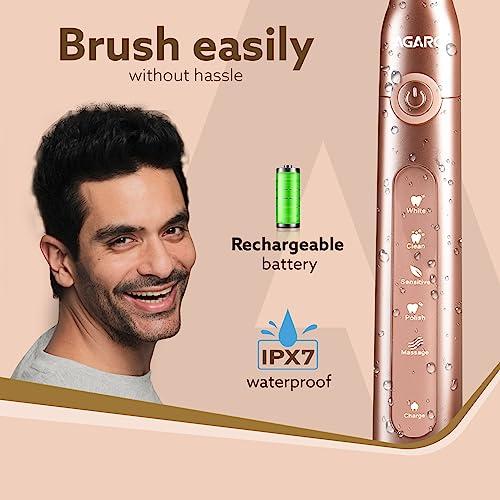 AGARO AGARO Cosmic Plus Sonic Electric Tooth Brush for Adults with 5 Modes, 5 Brush Heads, 1 Interdental Head, Carry Case & Rechargeable with 4 Hours Charge Lasting Up to 25 Days,Power Toothbrush(Rosegold)