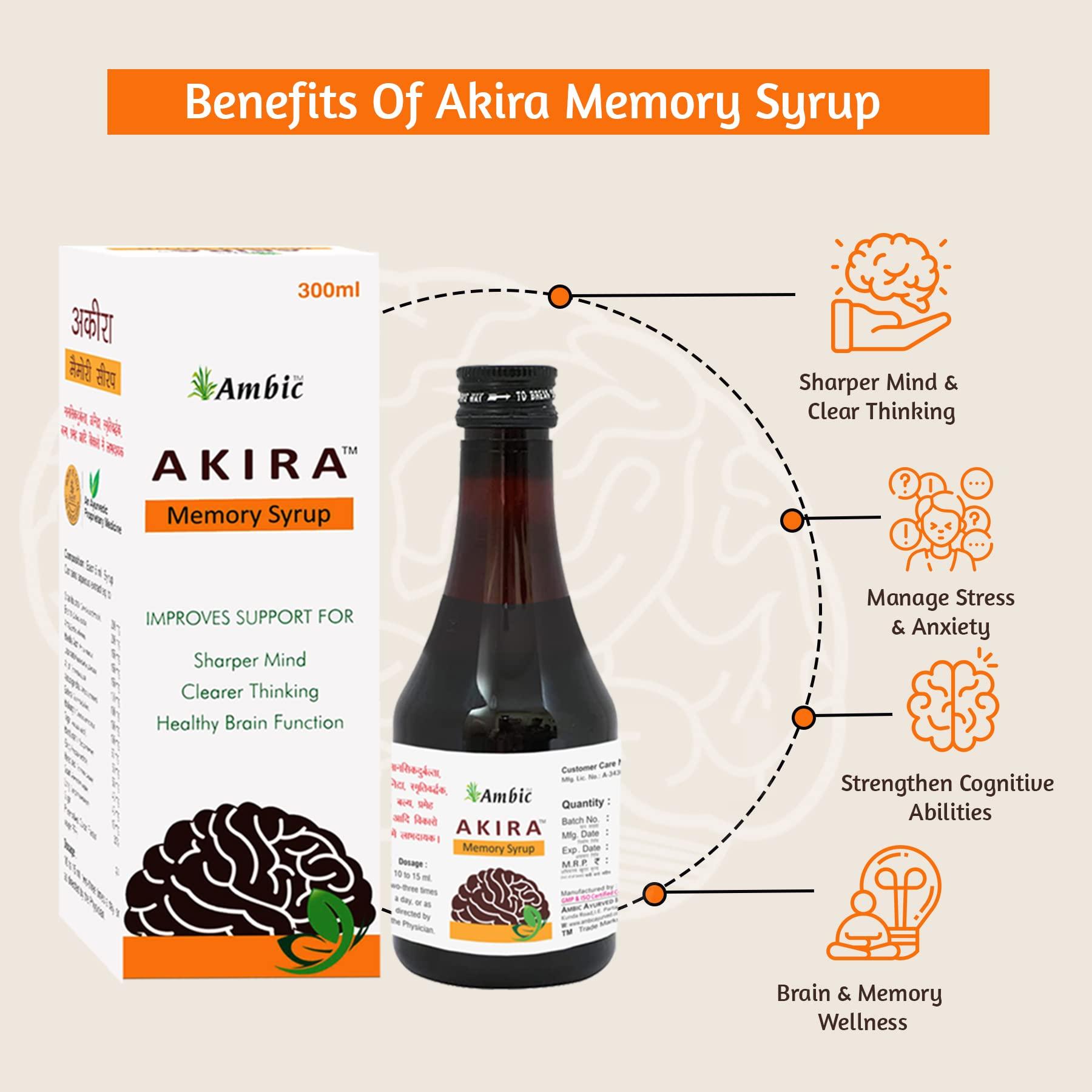 Ambic Ambic Akira Memory Wellness Syrup for Brain Health and Better Concentration I Brain Support Supplement for Memory Booster & Focus I Ayurvedic Brain Tonic - 300ML