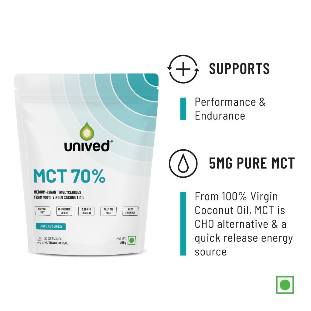 Unived Unived MCT 70% | Medium Chain Triglyceride Oil Powder | Clean Energy Fuel | Pure MCT 5g with C-8: 3528mg & C-10: 1512mg in a 70:30 ratio | Vegan & Keto Friendly | 30 Servings