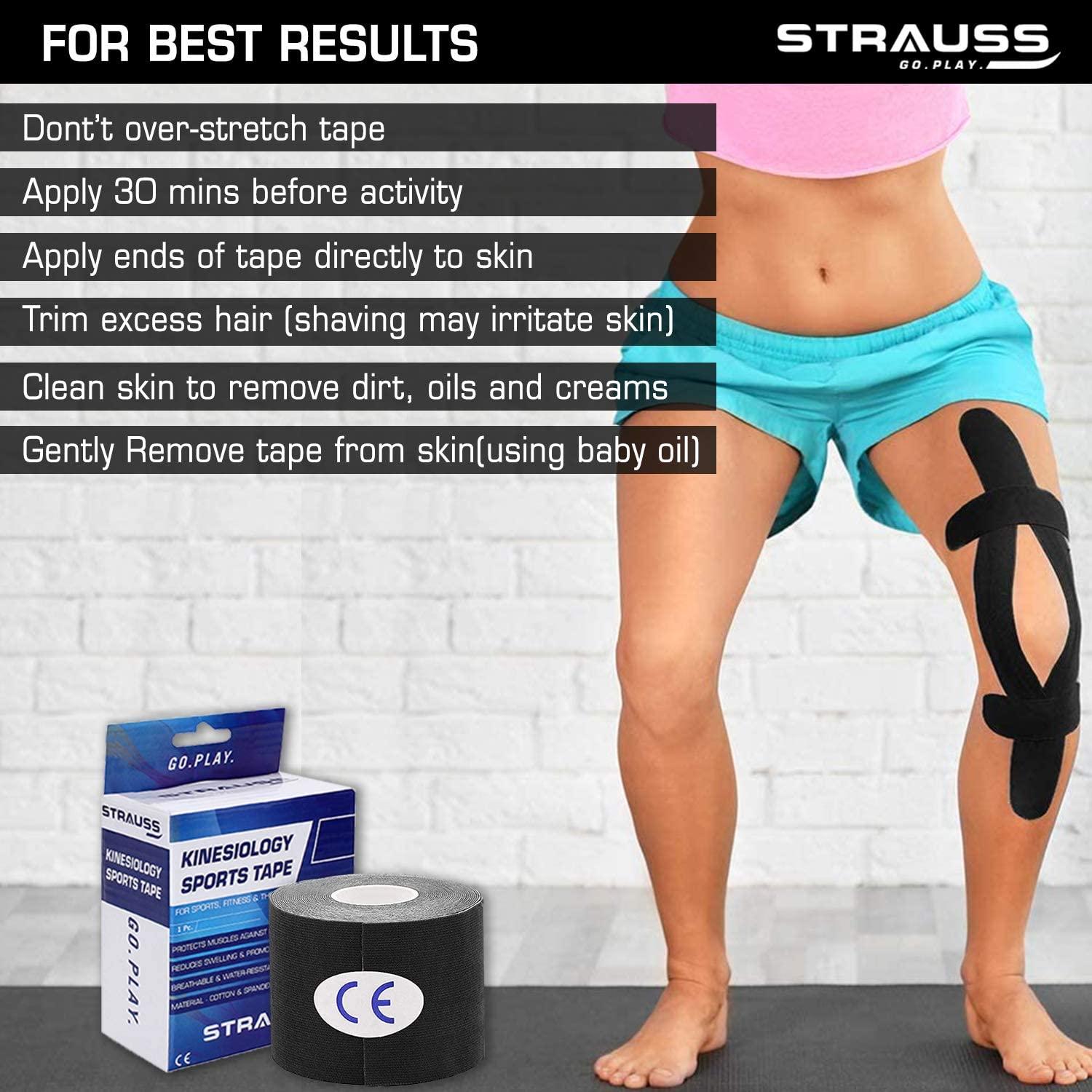STRAUSS STRAUSS Kinesiology Sports Tape for Knee,Calf & Thigh Support|Waterproof Athletic Sports Tape for Muscle Support,Hand Leg Joint Support & Physiotherapy|Kinesio Tape for Sports Injury,(Black)