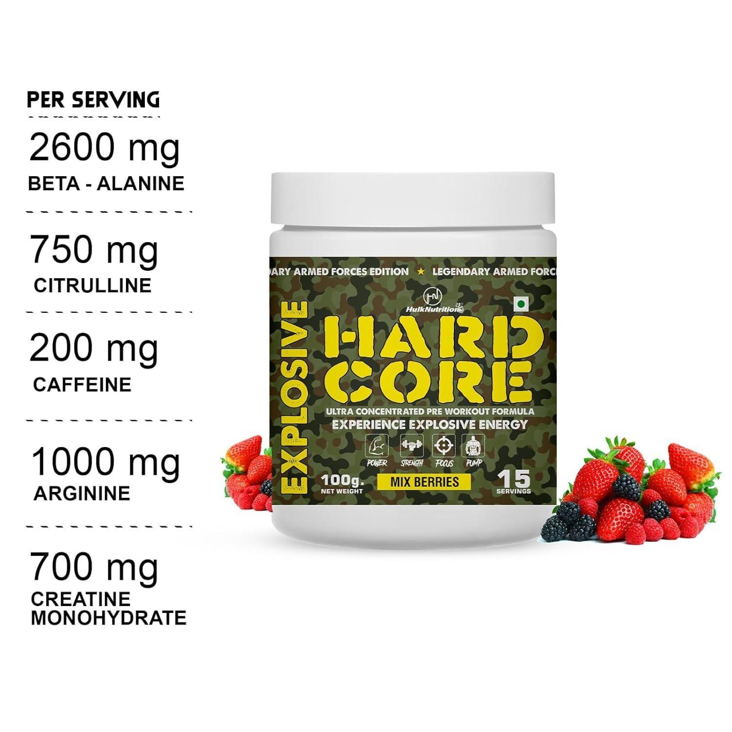 HulkNutrition Hulk Nutrition Hardcore Pre-Workout Supplement, Energy Drink with Creatine Monohydrate, Arginine AAKG, Beta-Alanine, Explosive Muscle Pump, Caffeinated Punch - For Men & Women [15 Servings, Mix Berries] Free Gallon Shaker Bottle