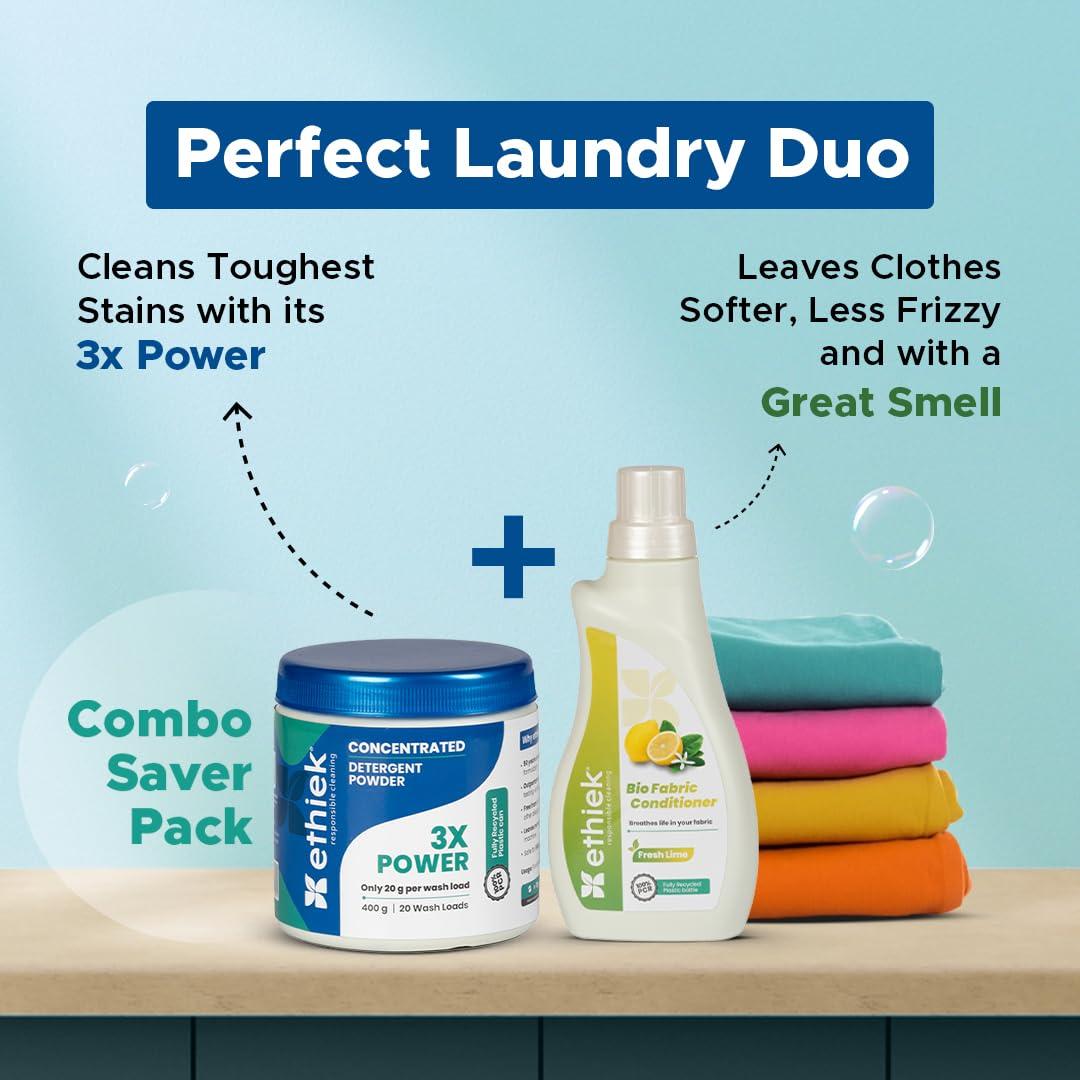 ETHIEK Ethiek Concentrated Detergent Powder (400g) & Fabric Conditioner (0.5L), Natural & Organic Detergent with 3X Power for Tough Stains and After Wash Fabric Softener, For Top & Front Load Machine - Combo