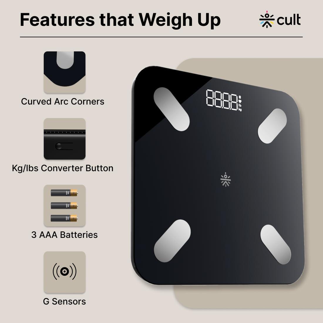 Cult Cult Smart Body Fat Scale, US FDA Approved, 20+ Parameters, BMI, 10 members, Bluetooth Weight Machine, Body Fat Analyzer, LED Display.