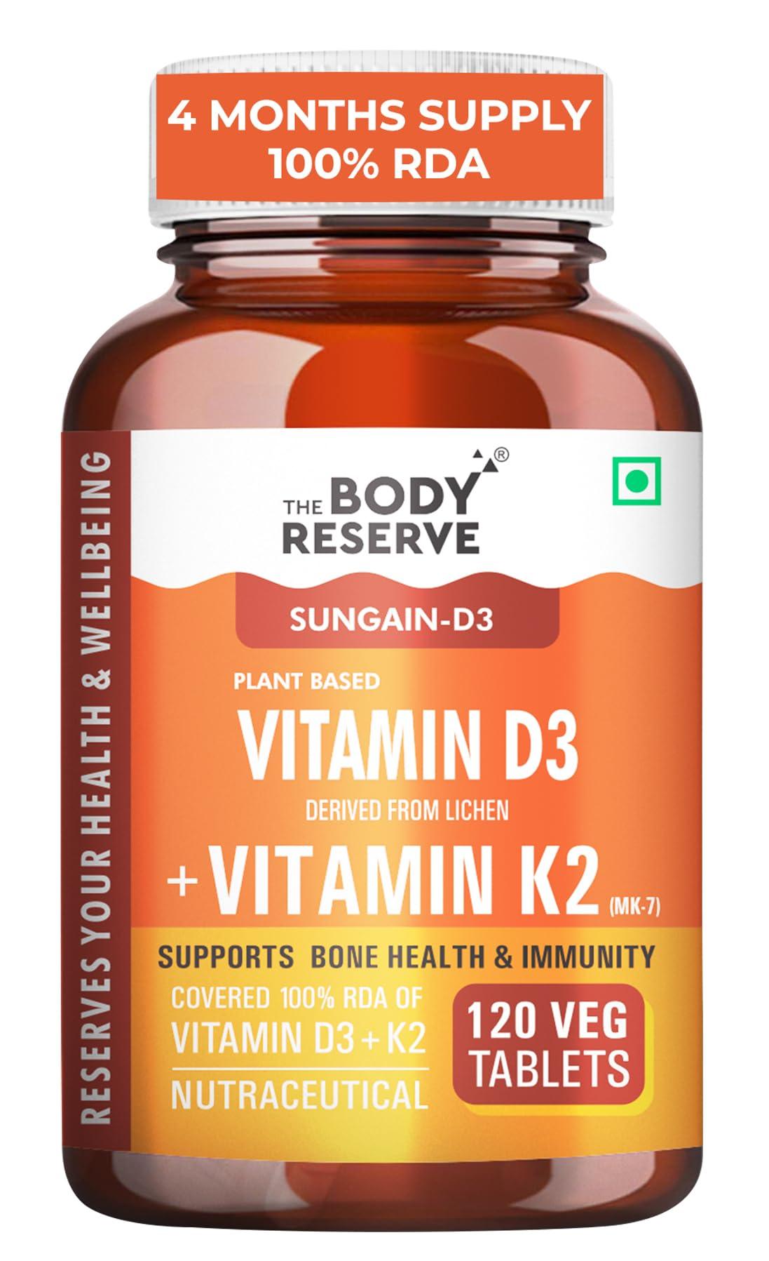 The Body Reserve The Body Reserve Vitamin D3 K2 MK7-120 Veg Tablets, 100% RDA Plant-Based Vitamin D3 Supplement from Lichen Source with Vitamin K2 as MK7 Menaquinone