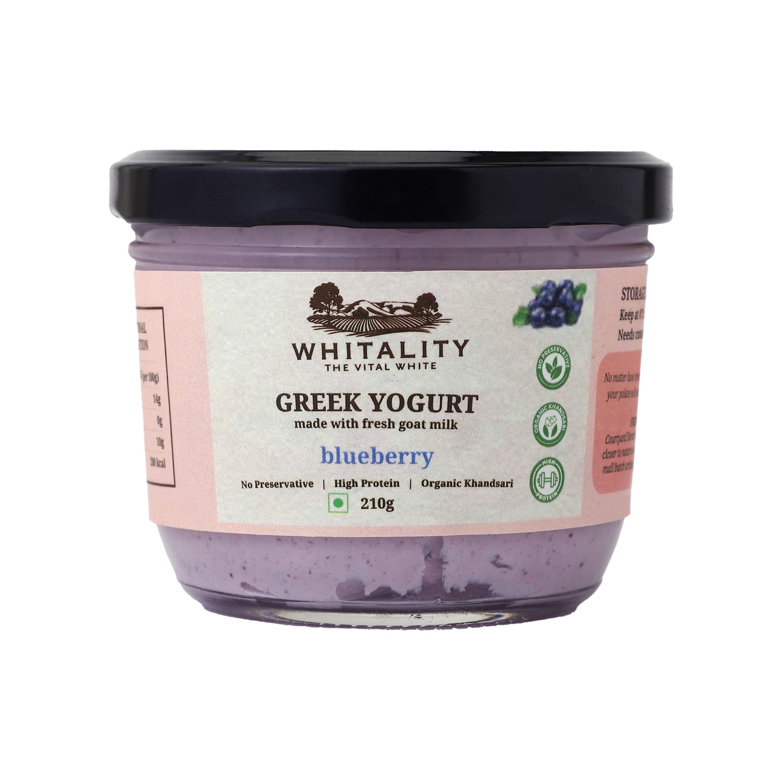 WHITALITY Whitality Greek Yogurt | Made with Free Range Goat Milk | No Preservatives | Natural processing | Good for lactose intolerant | improves gut health | Glass Jar Packaging | 210gm | Blueberry