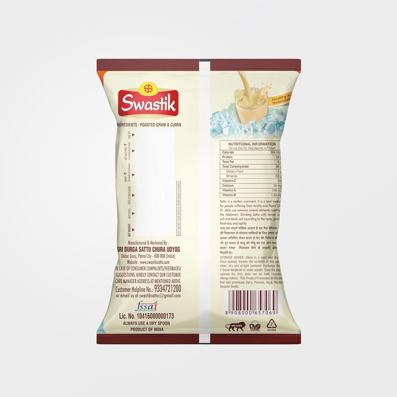 SWASTIK Swastik Sattu Powder | Natural Roasted Black Chana Flour | 100% Natural & Pure Chana Sattu | Chana Sattu Atta with High Fibre | Natural Protein | Chana Sattu Drink Powder 900 Gms (2 Packs of 450 gms)