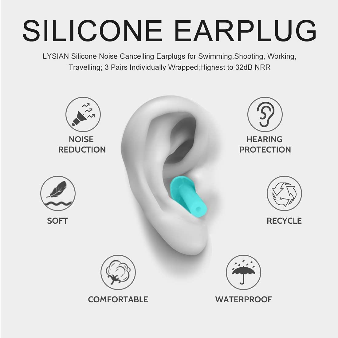 LYSIAN LYSIAN Ear Plugs For Sleeping Swimming Shooting - Silicone Noise Cancelling Earplugs 3 Pairs Individually Wrapped 32Db Highest Nrr