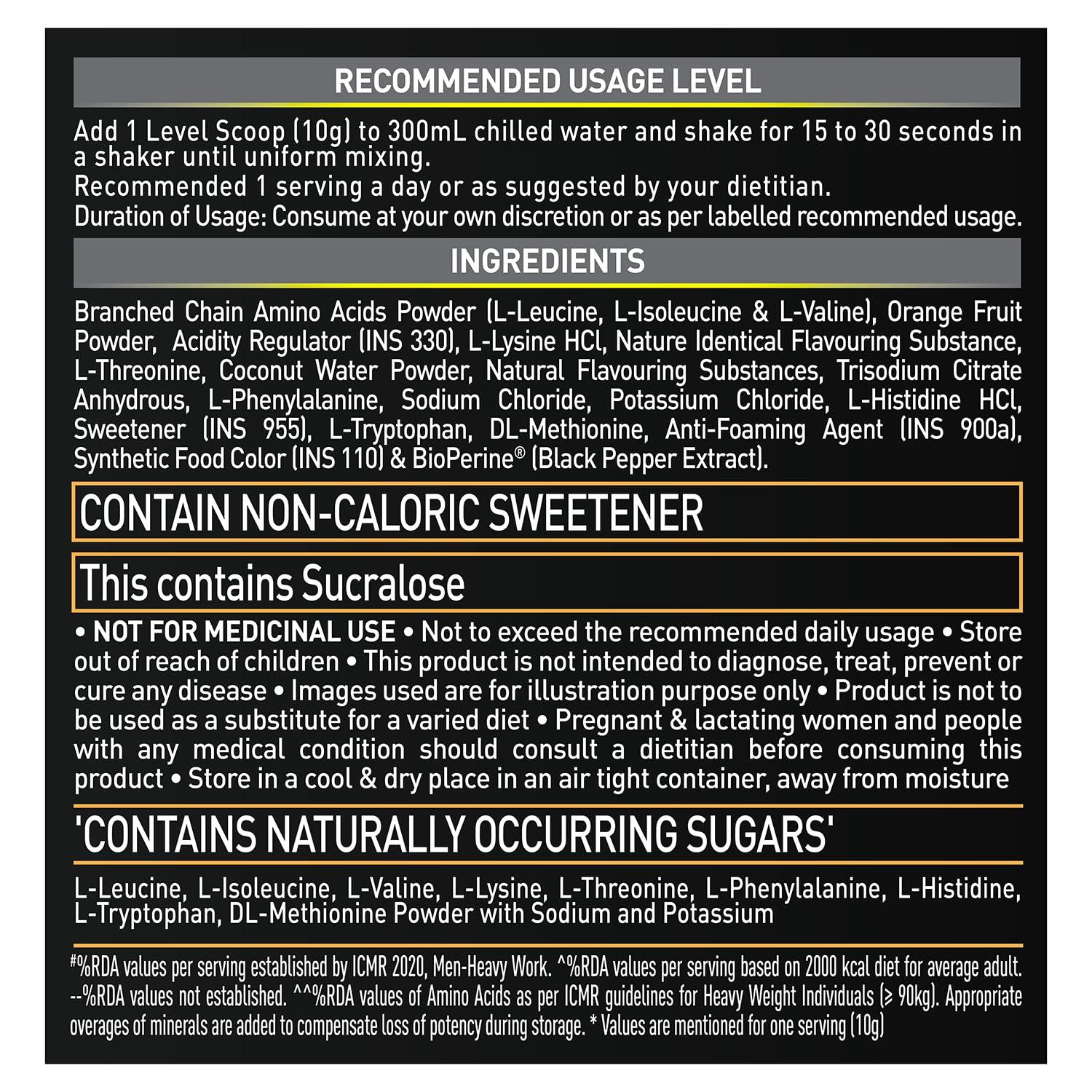 MuscleBlaze MuscleBlaze EAA 6000, 6000mg EAAs Blend Powder (Orange Flavour, 250g, 25 Servings) | 800mg Hydration Blend & 5mg Bioperine
