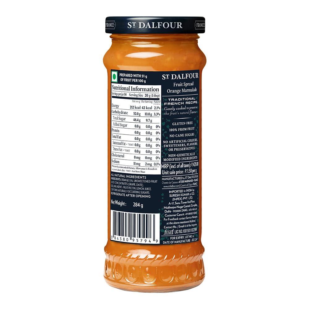St Dalfour St Dalfour Orange Marmalade Fruit Spread 284 g | No Added Sugar | 100% from Fruit | No Added Preservatives, Colours, Flavors or Sweeteners | No Corn Syrup | Traditional French Recipe
