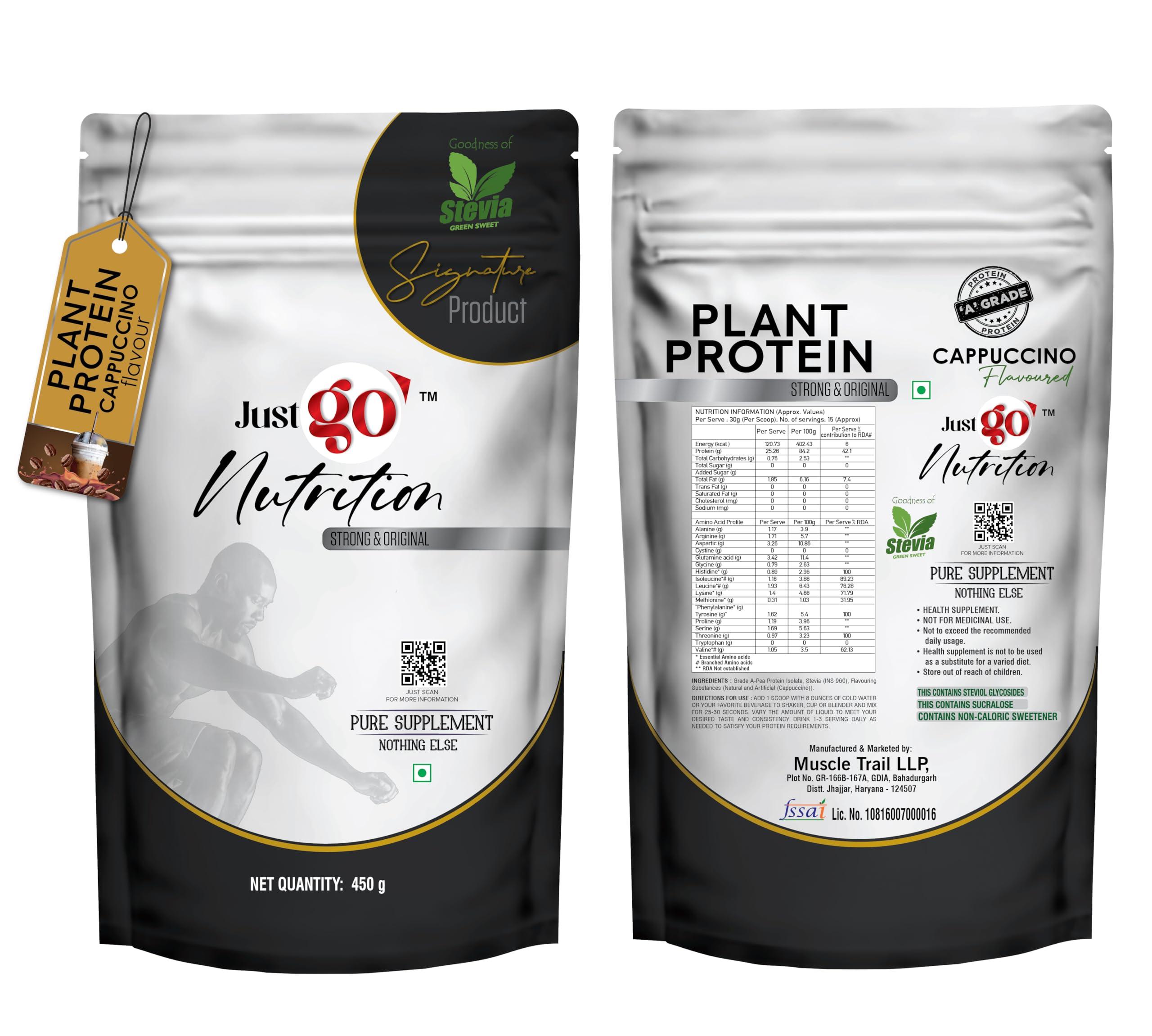 JUST GO NUTRITION Just Go Nutrition Plant Protein Powder | Cappuccino Flavour | With Stevia | Vegan & Sugar-Free | 25g Protein per Serving | Pure Supplement | 450g Pack