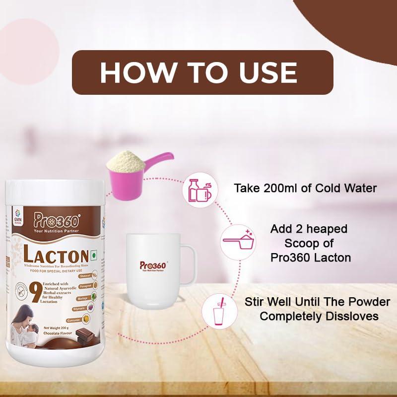 PRO360 Pro360 Lacton Protein Powder for Breastfeeding, Lactating Women - Lactation Support Supplement for Mother with Herbal Extracts - Helps to Increase Breast Milk Supply - Chocolate Flavor, 200g
