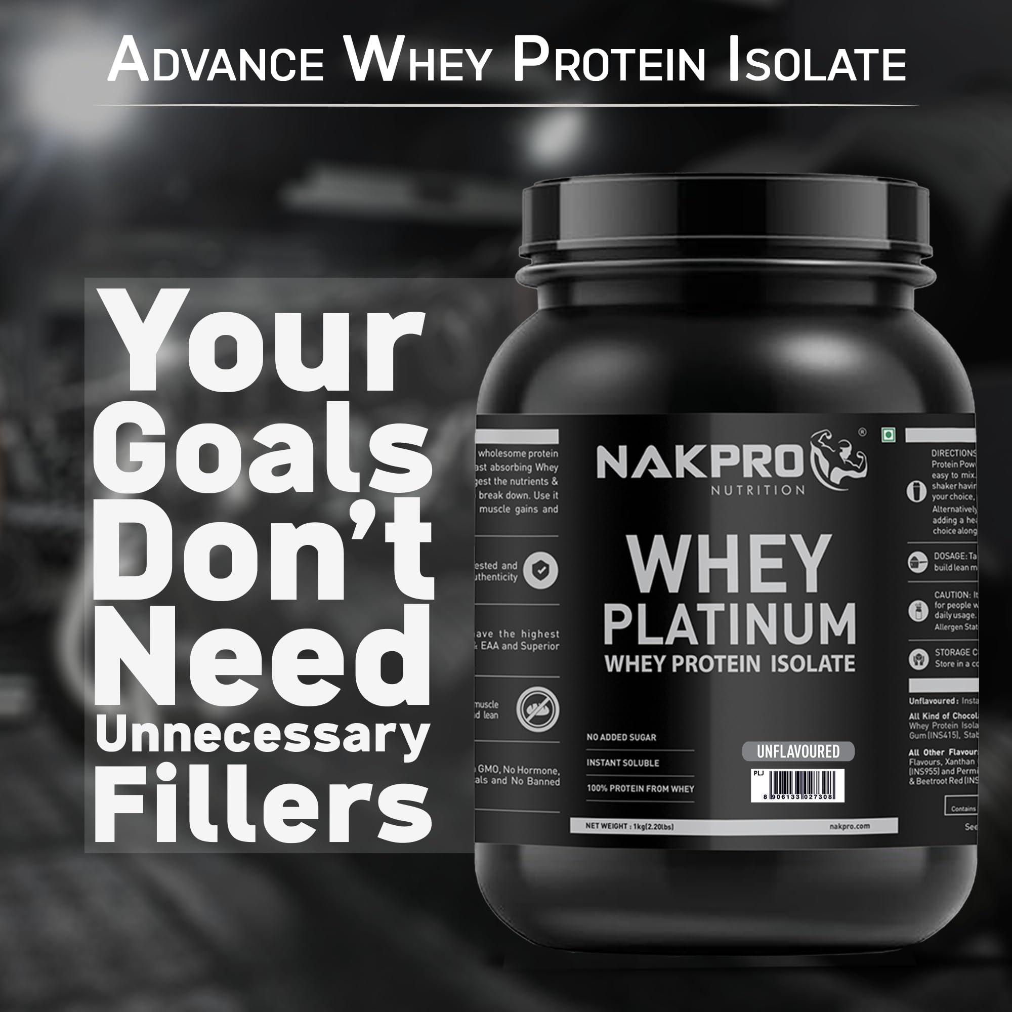 NAKPRO NAKPRO Platinum Whey Protein Isolate 90%, 1kg Unflavoured, Jar | 31g Protein, 7g BCAA | Trustified Certified 100% Authentic Supplement Powder & No Adulteration | Low Carbs, Fast Absorbing Whey Protein Powder