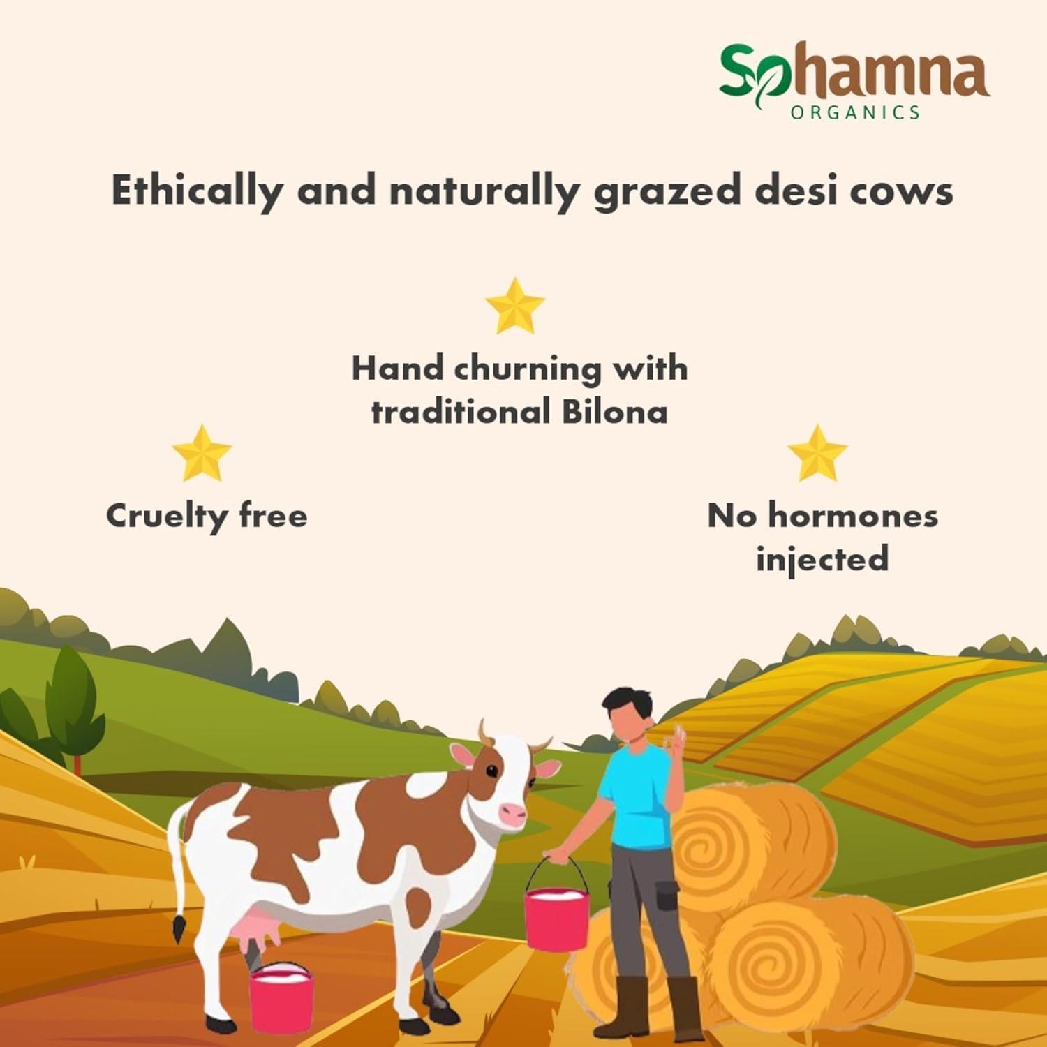 Sohamna Organics Traditional Vedic Ghee Premium A2 Gir Cow Cultured Ghee from Sohamna Organics | Vedic Bilona Two Way Hand Churned | Indian Gir Cow Ghee, Pure A2 Ghee, Natural & Healthy, Non-GMO (1 litre)