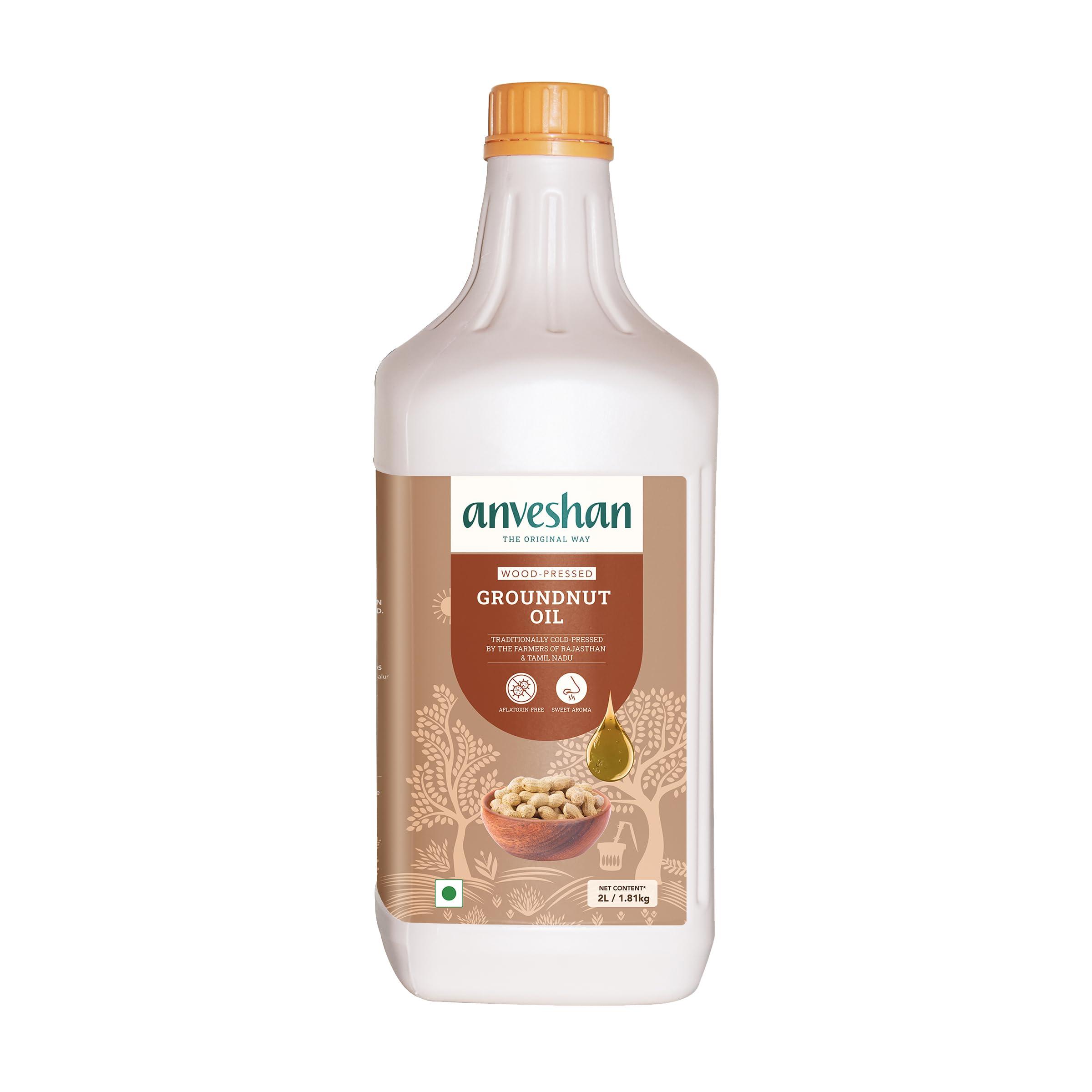 Anveshan Empowering farmers with technology Anveshan Wood Pressed Groundnut Peanuts Oil 2 Litre | Tin Can | Kolhu/Kacchi Ghani/Chekku | Peanut Oil | Natural | Chemical-Free | Cold Pressed Groundnut Oil for Cooking