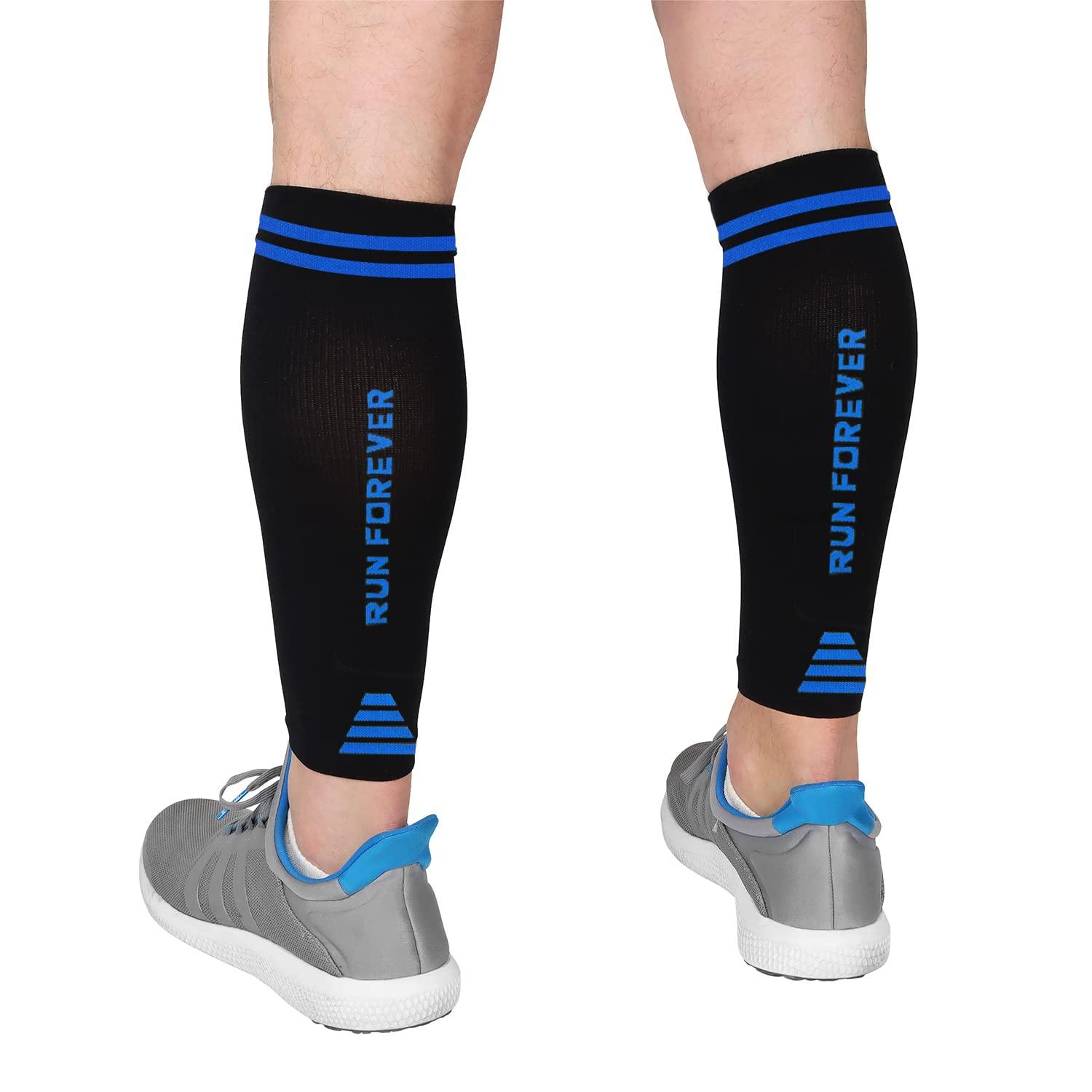 Run Forever Run Forever Calf Compression Sleeves for Men and Women - Leg Compression Sleeve - Footless Compression Socks for runners, Black & Blue, Large