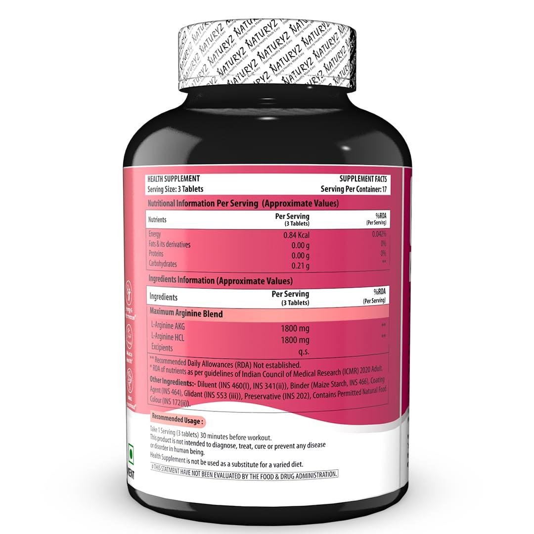 Naturyz NATURYZ Triple Strength 3600mg L-Arginine Complex | Bioactive form Arginine AKG & HCL for better absorption | Improves Pump & Performance | Ideal Pre-workout Supplement - 50 Tablets