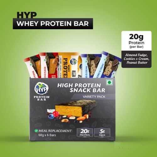 HYP HYP - Meal Replacement Whey Protein Bar Variety Pack (6x60g) | 20g Per Bar | 2 Almond Fudge + 2 Peanut Butter + 2 Cookies and Cream | Includes Whey Protein | Gluten Free Protein Bars | Protein Snacks