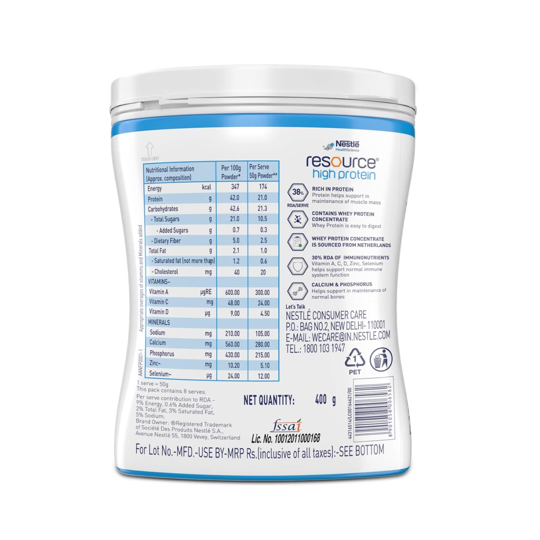 RESOURCE RESOURCE Nestle High Protein - Vanilla Flavour, Contains Whey Protein, 42G Protein Per 100G, Now Rich In Immunonutrients, Strengthens Muscles & Immune System - 400G Pet Jar Pack (Pack of 2)