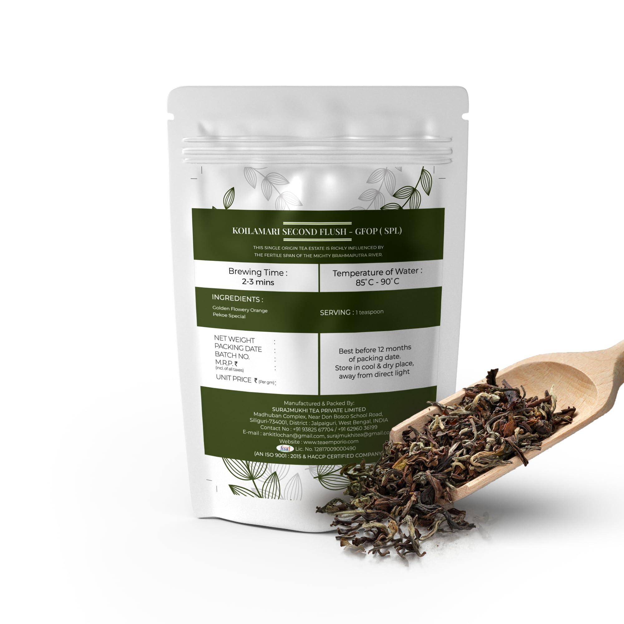 SURAJMUKHI TEA GOLD STANDARD Surajmukhi Tea Koilamari Assam Second Flush Tea - 50g | Fine GFOP Leaves for an Exquisite Tea Experience | Assam Pure Leaves Tea for a Rejuvenating and Energizing Cup