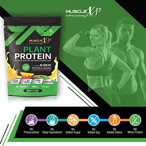 MuscleXP MuscleXP Plant Protein - Natural Protein Powder with Pea Protein, Herbal and Vegetable Blend, Mango Flavour, 400 gm Pouch x Pack Of 3