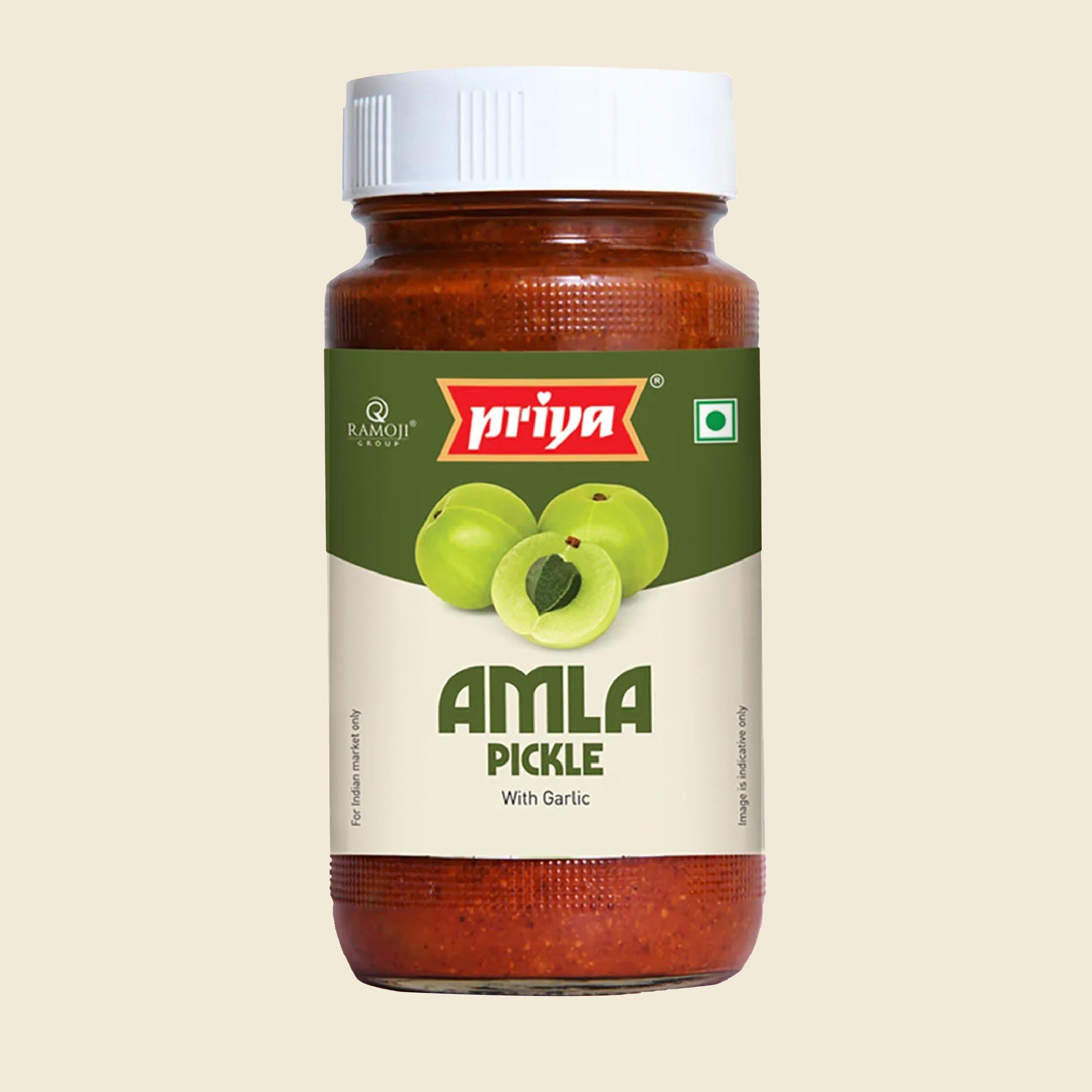 Priya Priya Amla Pickle With Garlic,300G-Authentic Telugu Style Amla Achar|Traditional South Indian Taste|Homemade Andhra Pickles|Tangy Taste|With Amla Berries,Tamarind Paste&Mixed Spices|Glass Jar