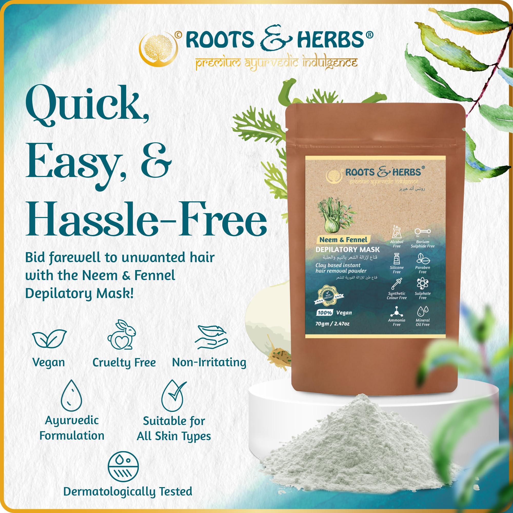 ROOTS AND HERBS ROOTS AND HERBS Vegan Hair Removal - Neem and Fennel Depilatory Mask - Men and Women's Facial Hair Removal for sensitive skin, Organic Hair remover, Pubic, Bikini, Leg Mask, Powder Waxing (7.05 Ounce)