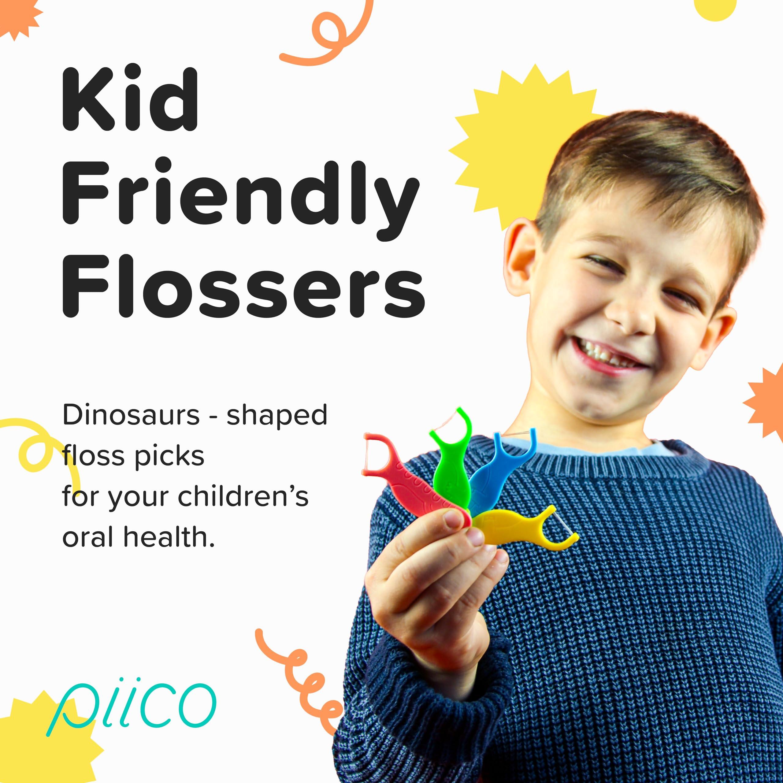 PIICO Piico Kids Flossers, Dual Line Unflavored Dental Floss Picks Without Fluoride, Fun & Colorful Designs with Slim Kids Floss & Portable Travel Case, Prevent Tooth Decay & Gum Disease, 80 Count Dino