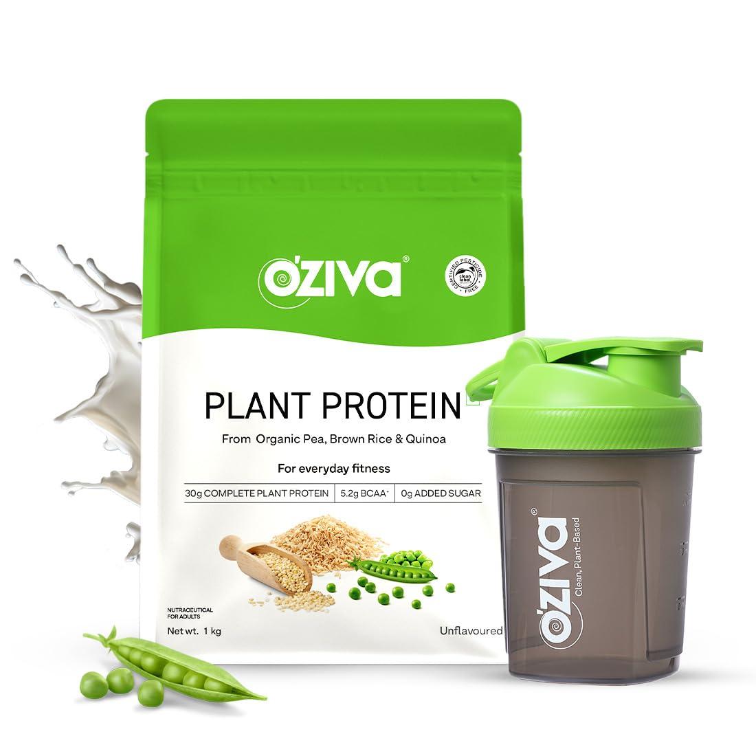 OZiva OZiva Organic Plant Protein for Everyday Fitness | 30g Protein - Pea Isolate | Complete Plant Protein Powder for Men & Women | No Added Sugar, Certified Clean & Vegan (Unflavoured, 1kg + shaker)