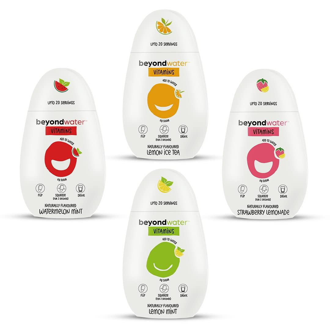 BEYOND WATER BEYOND WATER - (Pack Of 4 X 20 Servings) Water Enhancers|Shark Tank India Products|Sugar Free Instant Drink Mix, Favoured Water Drops (Lemon Mint, Lemon Ice Tea, Strawberry Lemonade, Watermelon Mint)