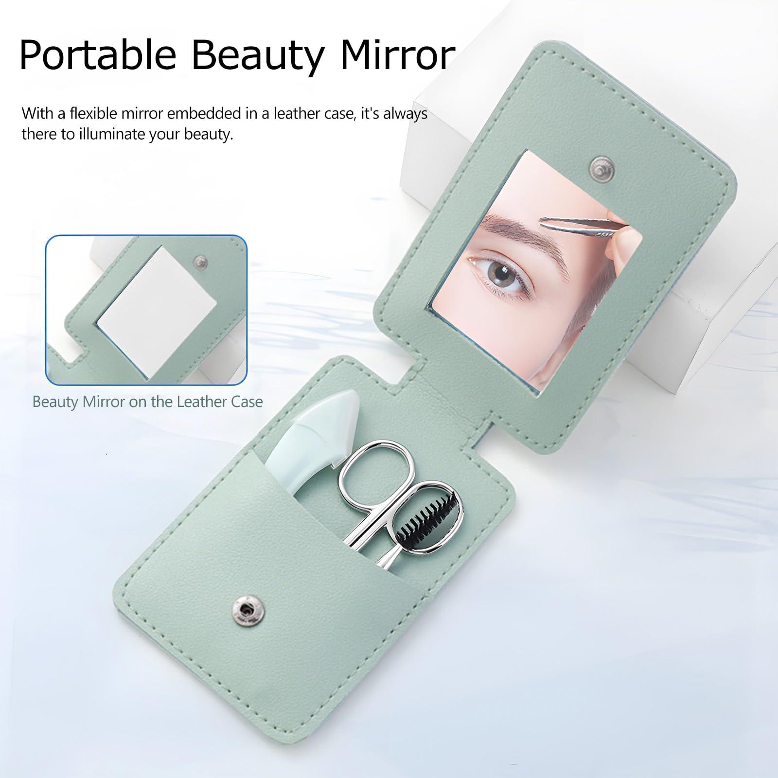 Kootinn Eyebrow Trimmer Kit, 5 in 1 Eyebrow Scissors, Eyebrow Razor, Tweezer, Brush and Mirrors for Women with leather carry around bag (Green)