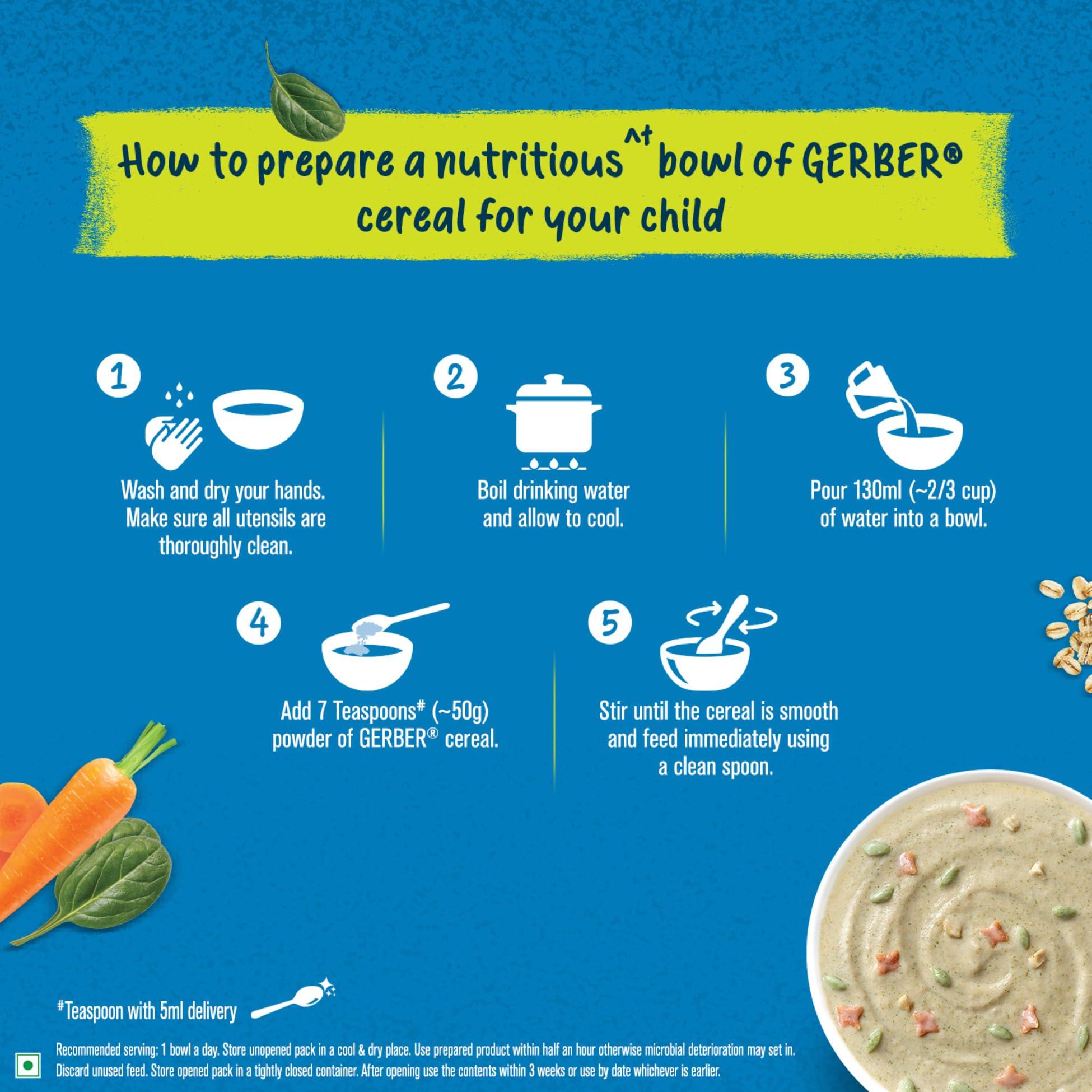 GERBER GERBER Cereals - Spinach & Carrot | Instant Cereal For Kids | 2-6 Years Of Age | Rich In Protein | With Iron & Omega-3 | No Added Colours Or Flavours | 300G
