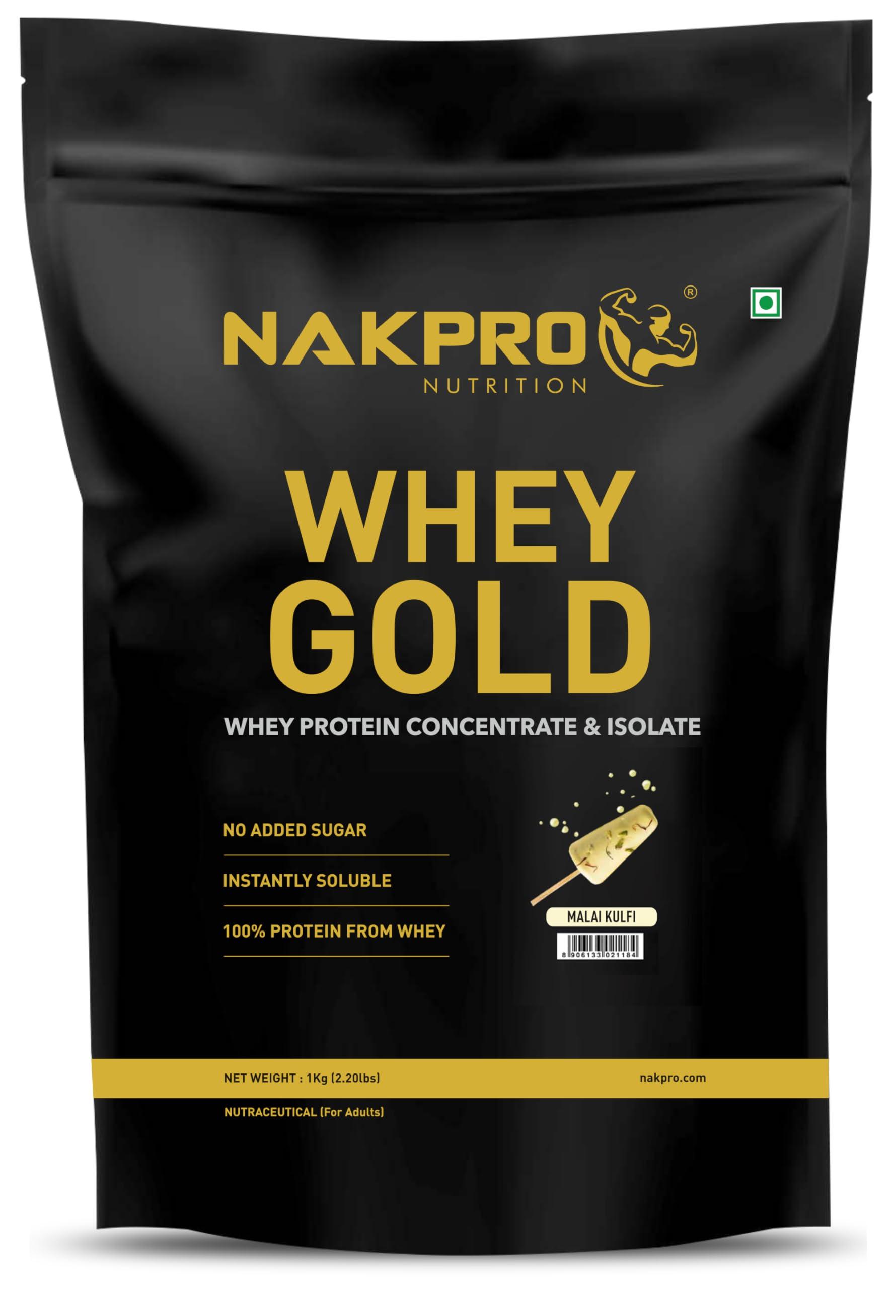 NAKPRO NAKPRO Gold Whey Protein Concentrate & Isolate 1kg Malai Kulfi | 25.5g Protein, Trustified Certified Supplement Powder | Fast Absorbing Whey Protein Powder