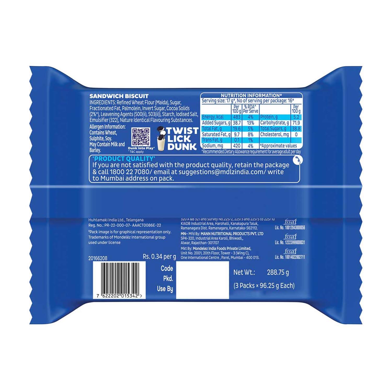 Oreo Oreo Cadbury Vanilla Flavour Crme Sandwich Biscuit, 288.75 grams(packaging may vary) (Pack of 3)