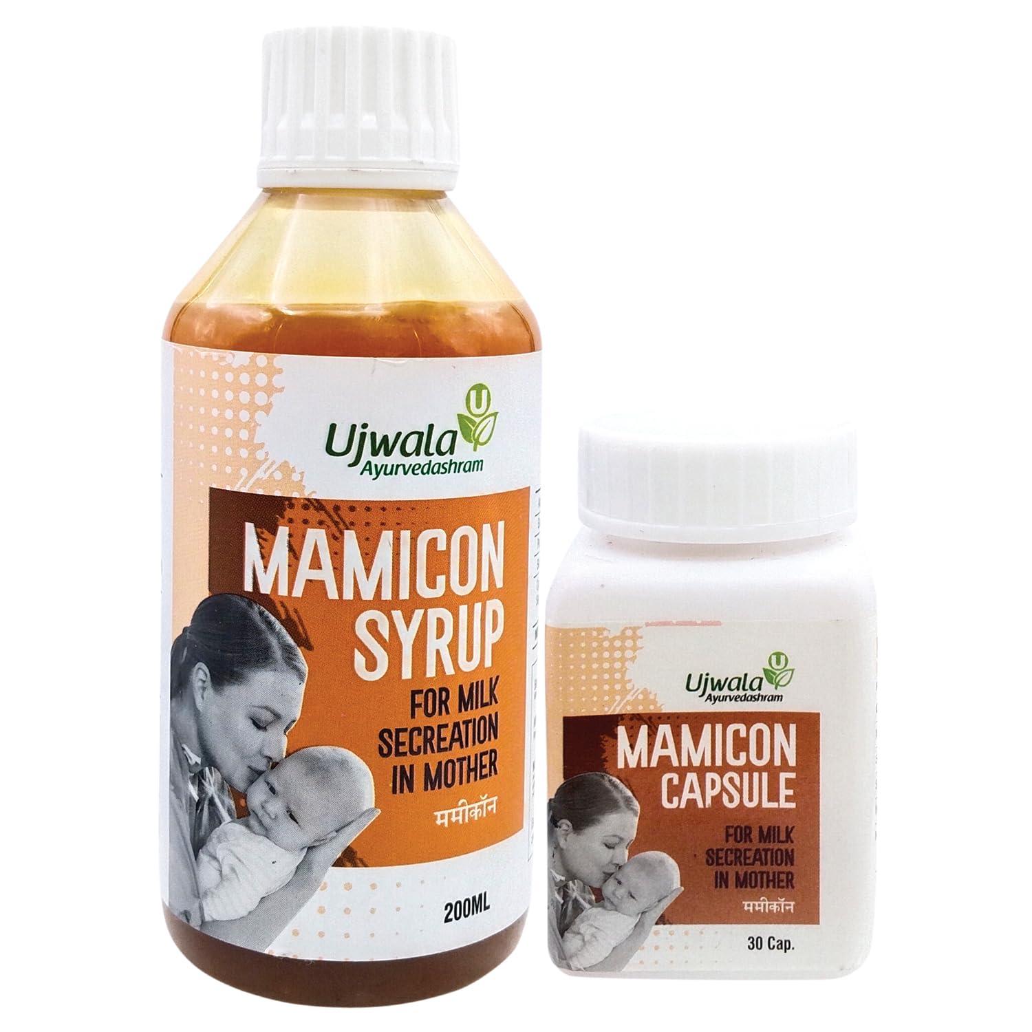 Ujwala Ayurvedashram Ujwala Ayurvedashram Mamicon Capsule And Syrup Combi Pack I For Milk Secretion In Mother I Reduce Breast Engorgement I Prevent Mothers From Candida Fungus I Open Blocked Milk Ducts