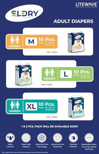 ELDRY Eldry Adult Diaper, Tape Style, Medium (M) Size, 10 Count, Unisex, Waist Size (40-60 inches | 102-152 cm), Super Absorbent Core, Wetness Indicator, Overnight Protection, Pack of 1