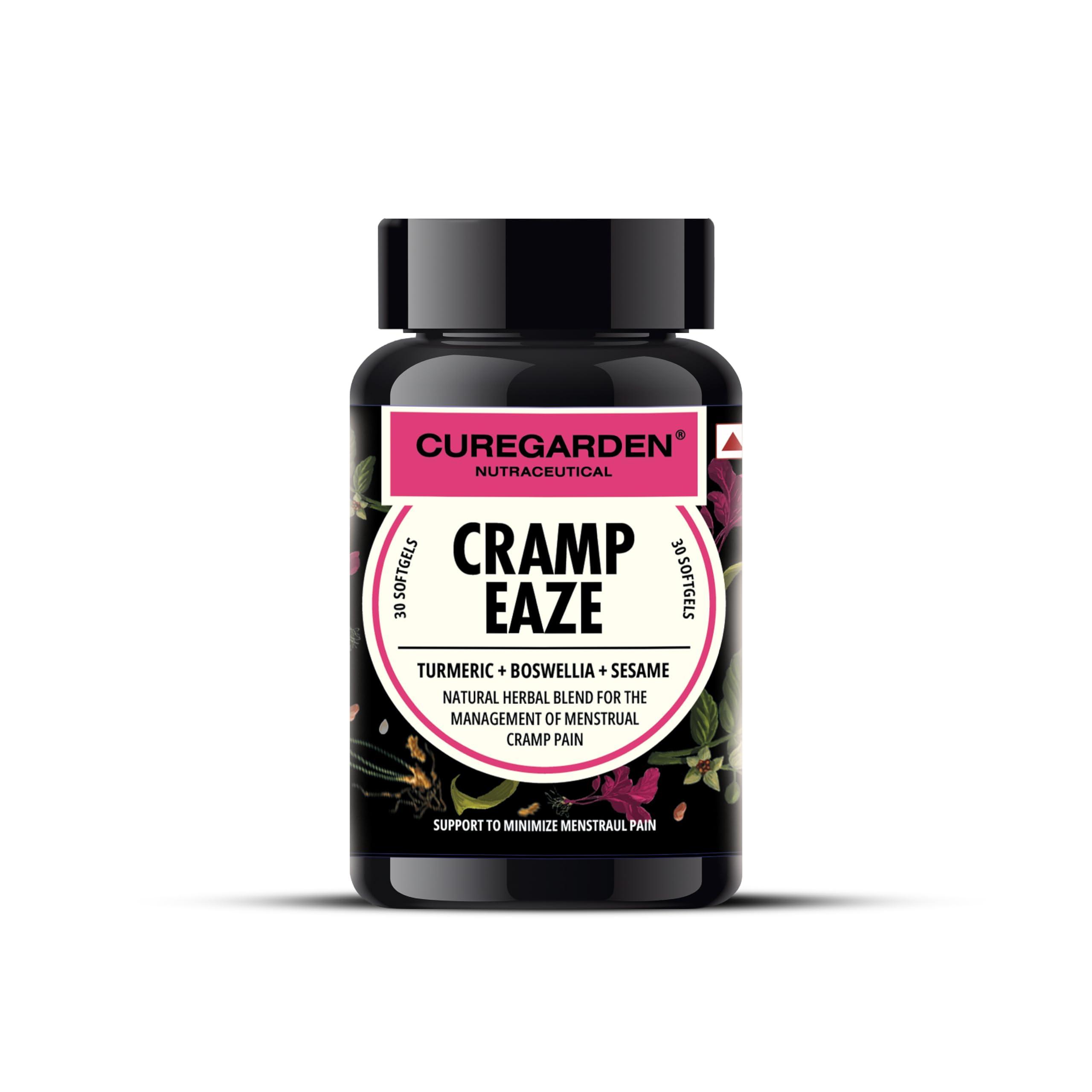 Curegarden Curegarden Cramp Eaze, Menstrual Pain Reliever, Herbal Period Pain Relief Pills, Blend of Curcumin, Boswellia and Sesame, 500 mg, 30 Softgel