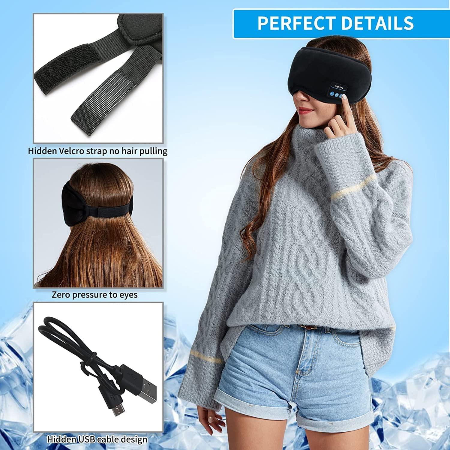 Hidak Hidak Sleep Headphones Wireless Bluetooth Eye Mask - Music Travel Sleep Mask Bluetooth 5.0 Wireless Handsfree Sleeping Eye Mask with Speakers Microphone for Side Sleepers Washable (Black)